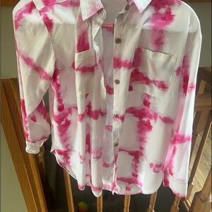 CALIA by Carrie Underwood White & Pink Tie-Dye Swim Coverup Shirt